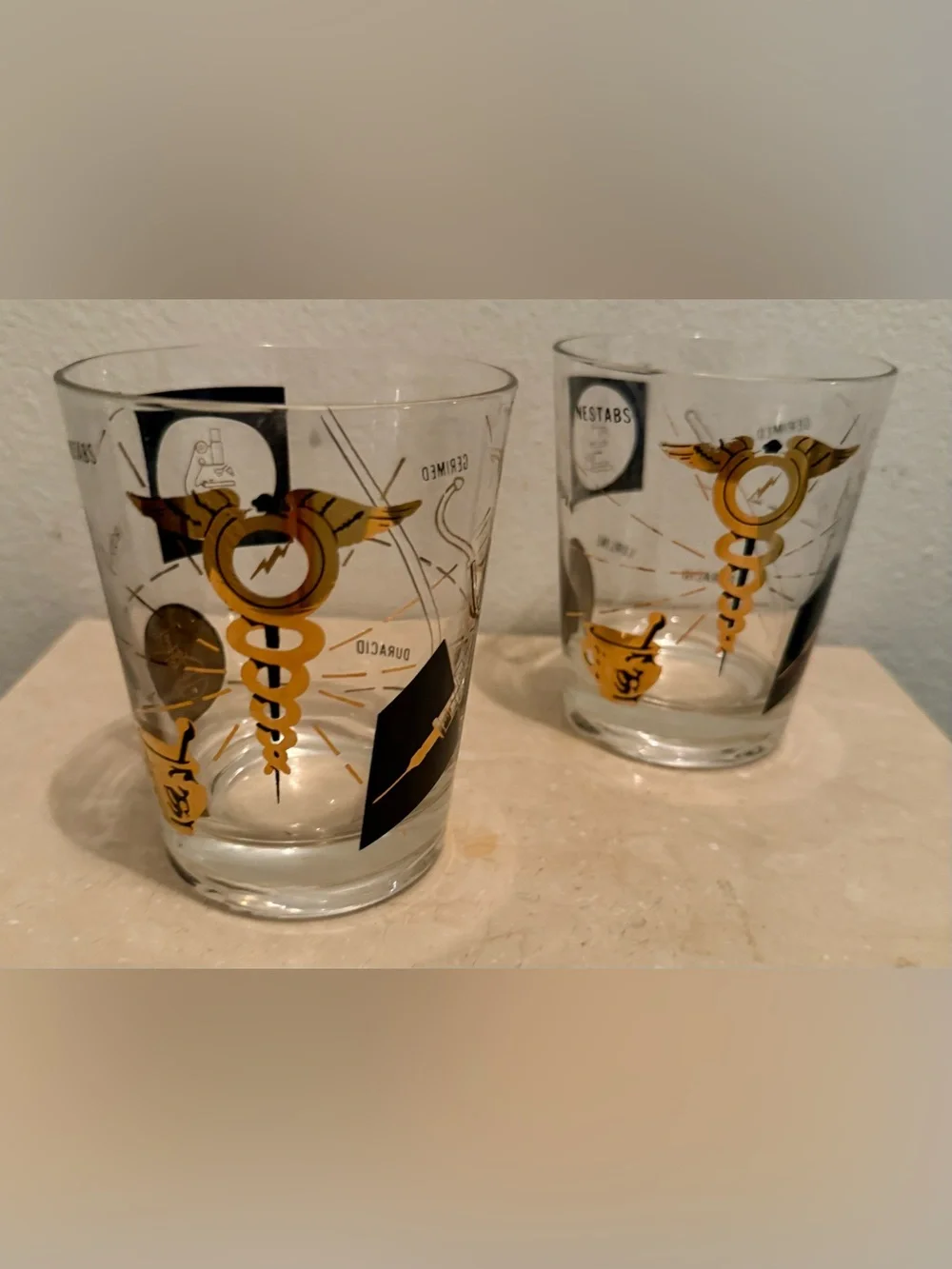 2 MCM Medical/Pharmacist Theme Rocks 16oz Glasses w/22k gold and black.